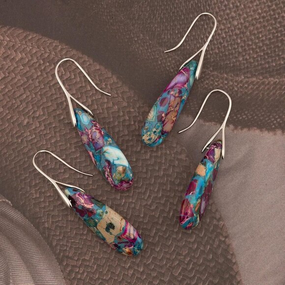 Rainbow Blue - Silver Natural Stone Fishhoop Dangle Statement Earring for Women - Picture 5 of 6